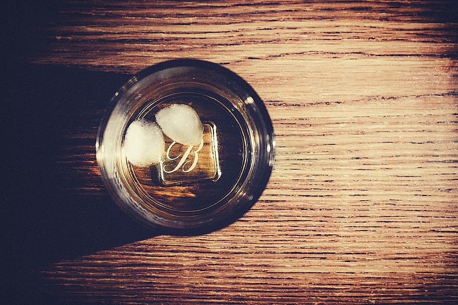 whisky, alcohol, drink, on the rocks, glass, wood - material, table, directly above, indoors, glass - material