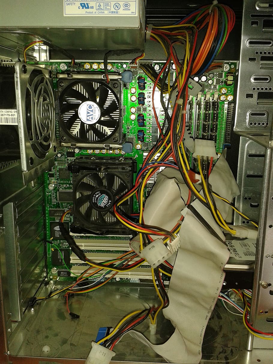 computer, maintenance, pc, damaged computer, cables, open computer, technology, connection, cable, indoors