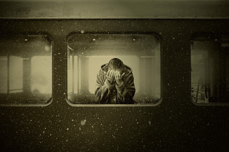grayscale photo, person, hands, face, inside, vehicle, woman, train, zugabteil, farewell