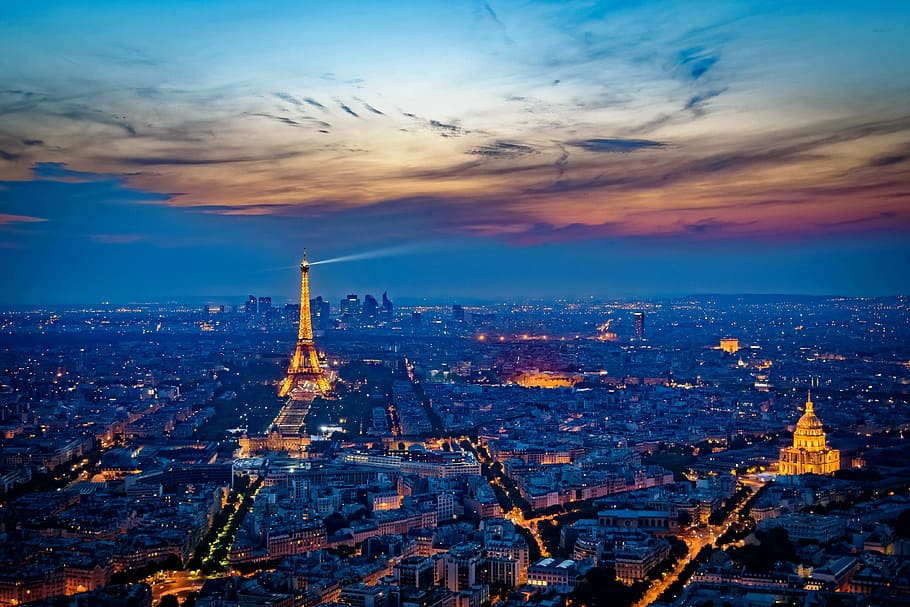 eiffel tower, paris, france, sunset, city at night, night, city, europe, architecture, landmark, paris