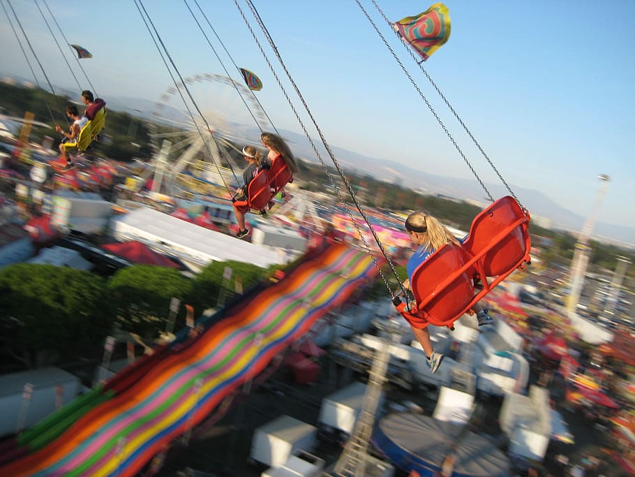 Columpios, Feria, Parque, Diversión, Carnaval, paseo, columpio, acción, verano, embarcación náutica