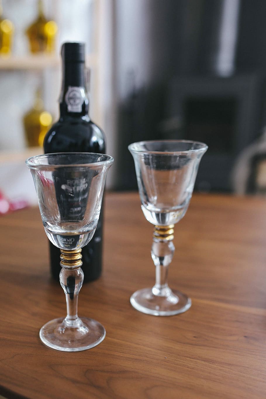 two, empty, wine glasses, bottle, table, bottle of wine, glasses, wine, alcohol, glassware