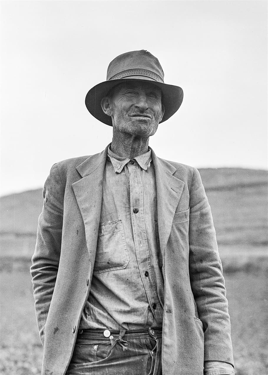 gray, scale photo, man, suit jacket, old man, field, farm, hat, farmer, jacket
