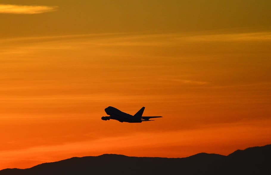 Jetliner, Flying, Silhouette, Colorful, sky, clouds, sunset, boeing 747sp, modified, telescope