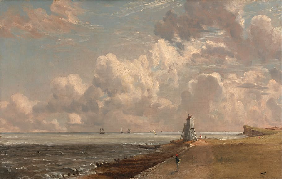 gray, lighthouse, ocean, john constable, painting, oil on canvas, artistic, nature, outside, sky
