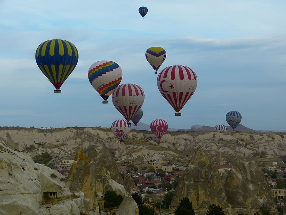 hot, air balloons, cappadocia, turkey, daytime, go balloon, marvel, colorful, fly, drive