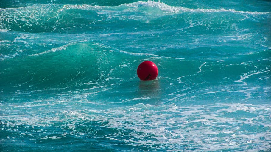 ball, buoy, wave, sea, red, water, waterfront, nature, floating, day