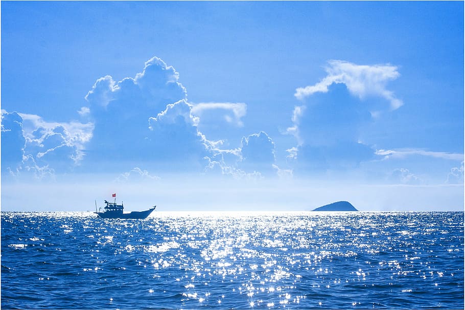 preto, navio, corpo, agua, azul, céu, fotografia de paisagem de fundo, Vietnã, viagem, paisagem