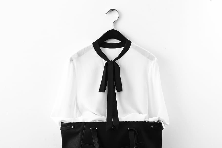 shirt, fashion, black and white, streamers, bag, office, silk, luxury, woman, clothing