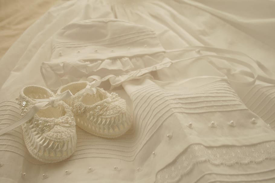 baby, white, baby dress, booties, bonnet, indoors, textile, high angle view, pattern, still life