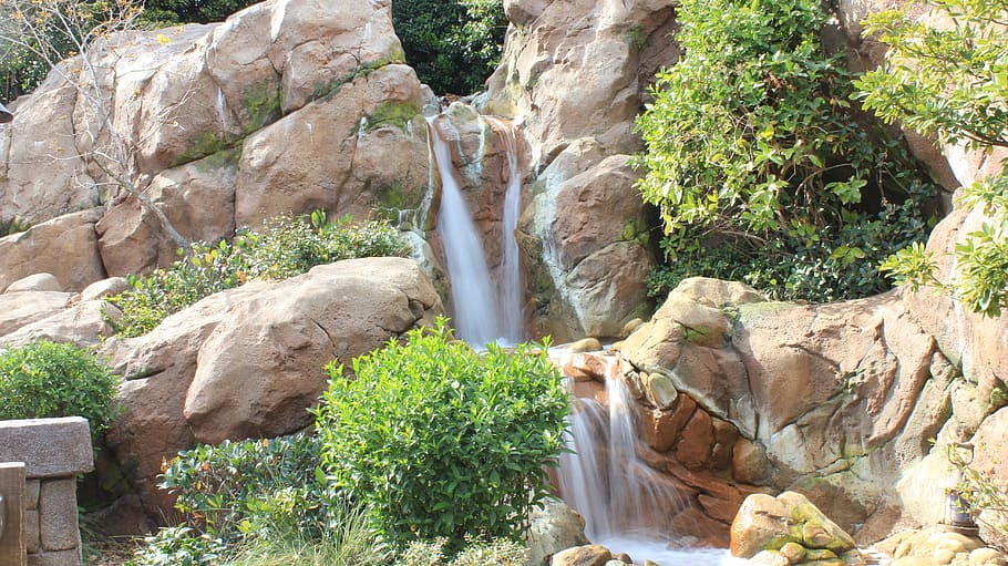 Waterfall, Disney Land, Water, Nature, green, environment, rock - object, plant, rock, solid