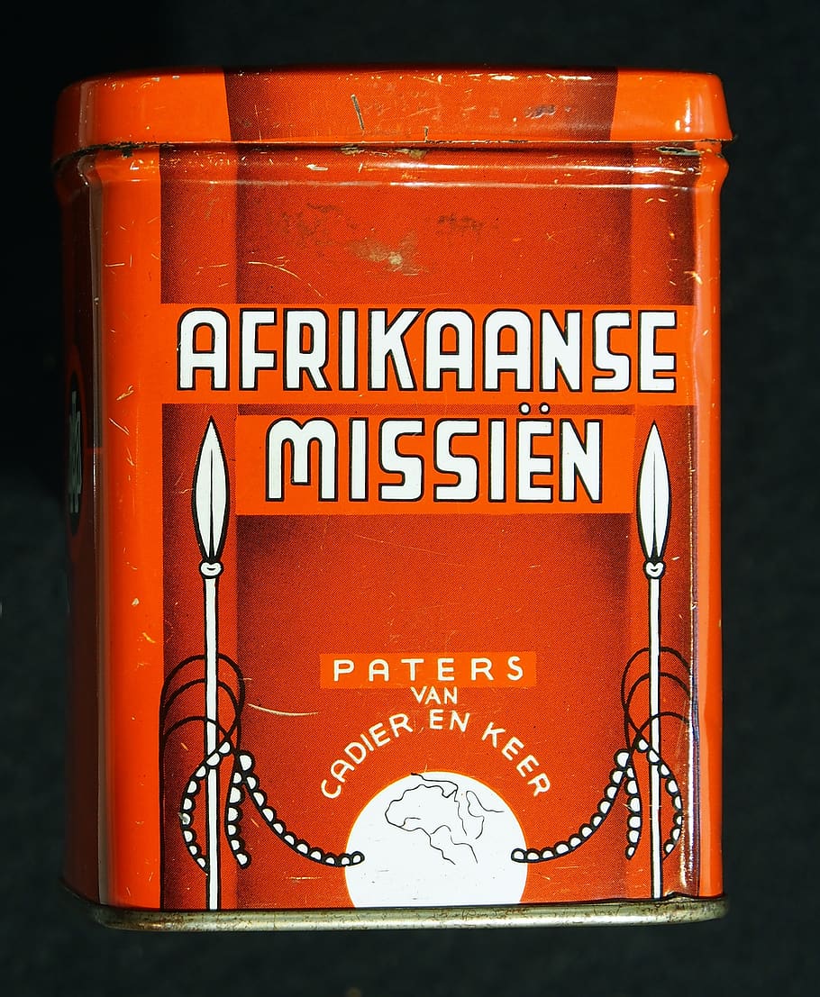afrikaanse missien, collecting box, can, tin, box, metal, container, retro, old, vintage
