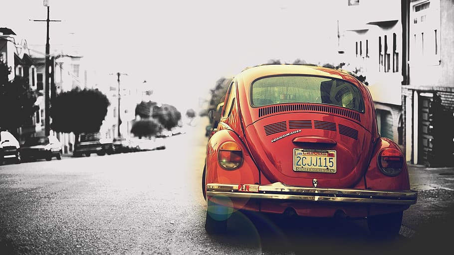 red, volkswagen beetle car, vw, car, vintage, old car, fusca, retro Styled, street, old-fashioned