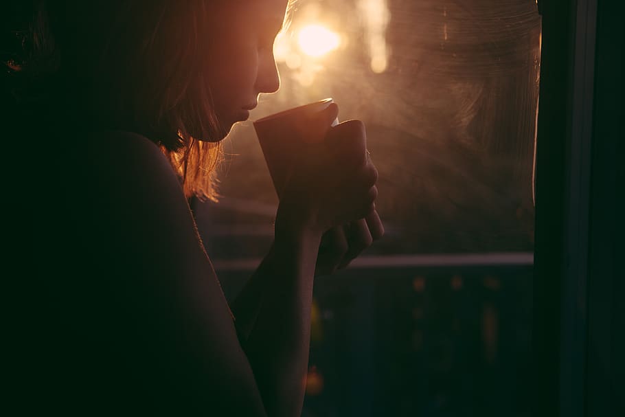 girl, drinking, tea, coffee cup, sunset, sad woman, young, woman, sipping, one person