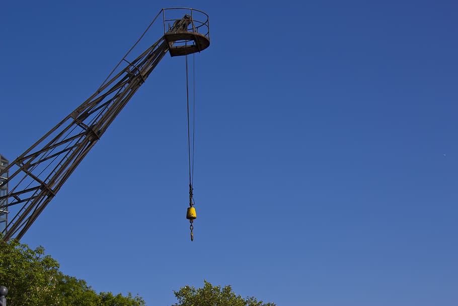 crane, raise, hook, load lifter, load hook, boom, technology, sky, blue, low angle view