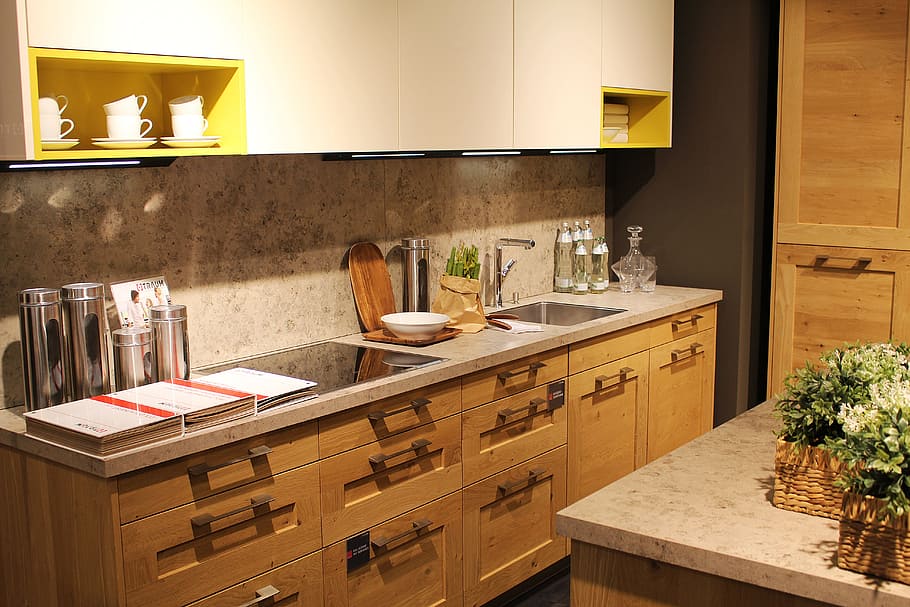 brown, wooden, kitchen cabinet, granite, top, sink, white, granite counter table, counter, table