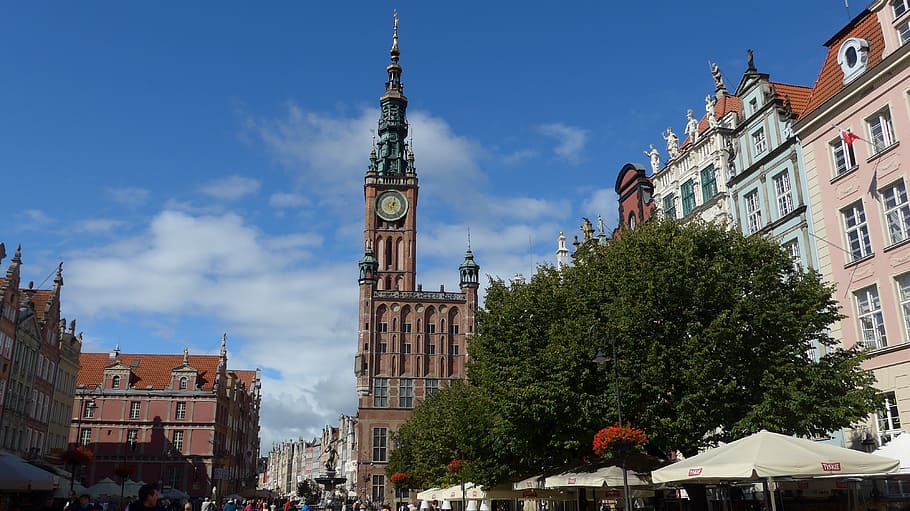 gdańsk, gdansk, poland langer markt, town hall, tower, historical, old buildings, summer, architecture, built structure