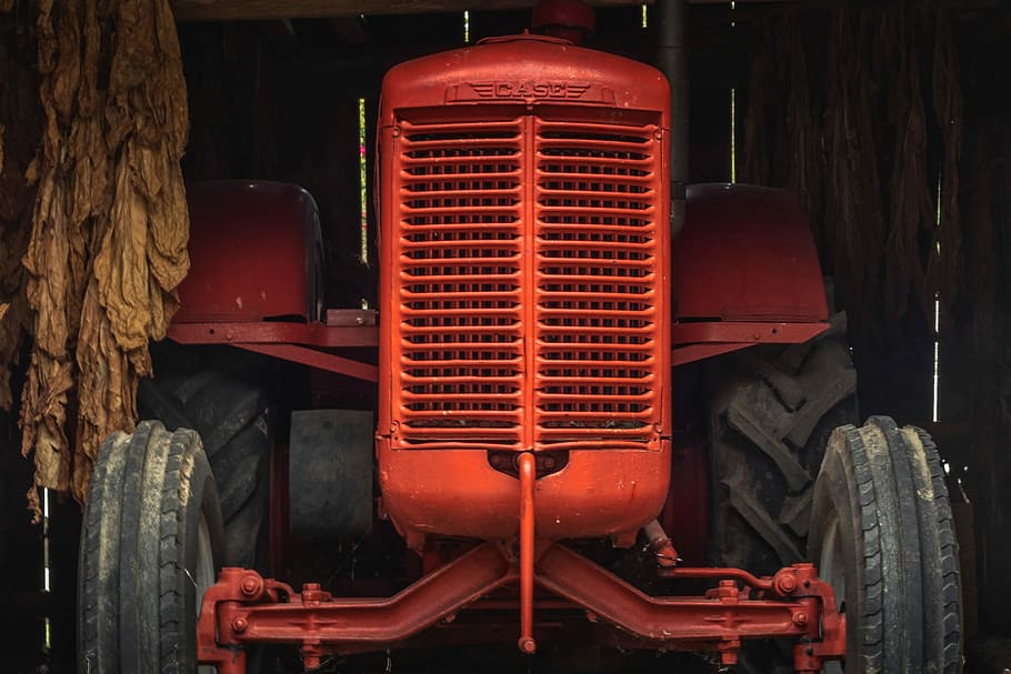 Tractor, Farm, Barn, Inside, Indoors, rural, hanging tobacco, front end, equipment, transportation
