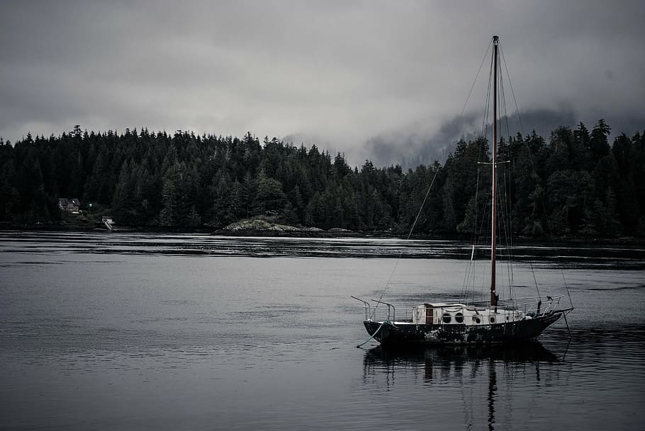 black, boat, lake, gray, scale, sailboat, water, sea, ship, sailing