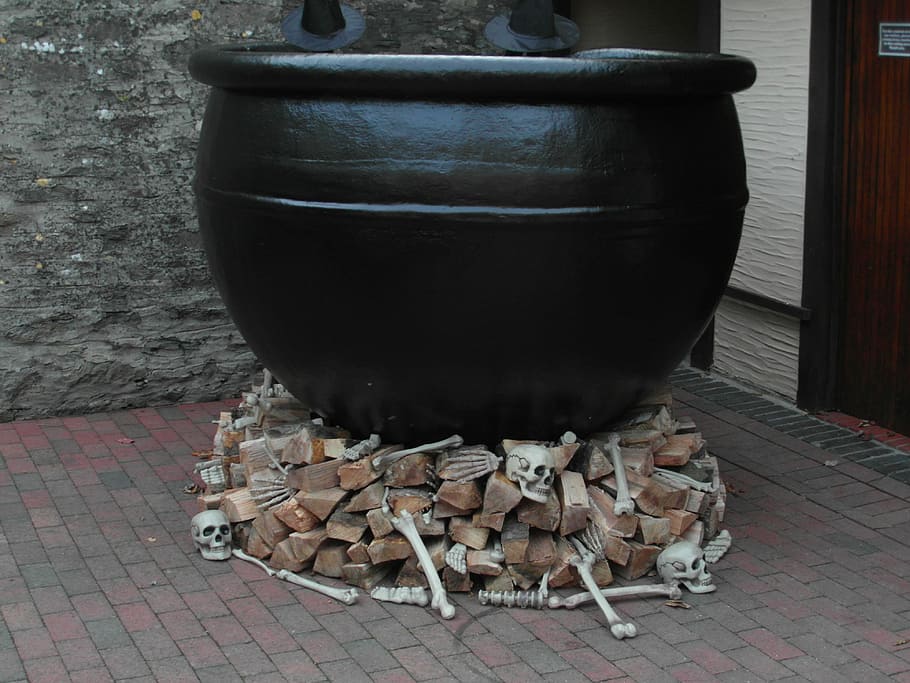 black, ceramic, pot, firewoods, Cauldron, Halloween, Witch, indoors, day, close-up