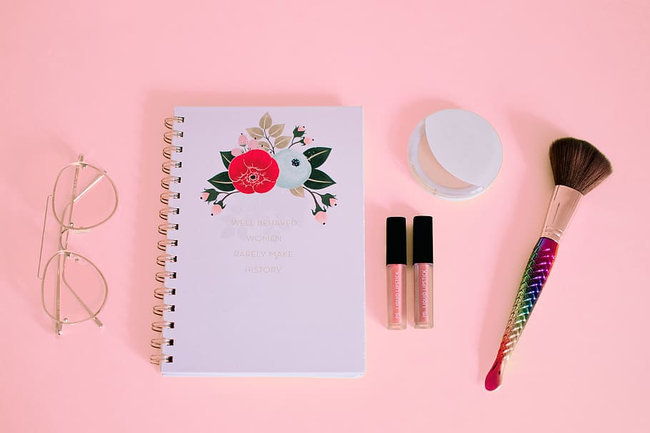 feminine, notepad, pink, makeup, brush, glasses, spectacles, lipstick, background, minimal