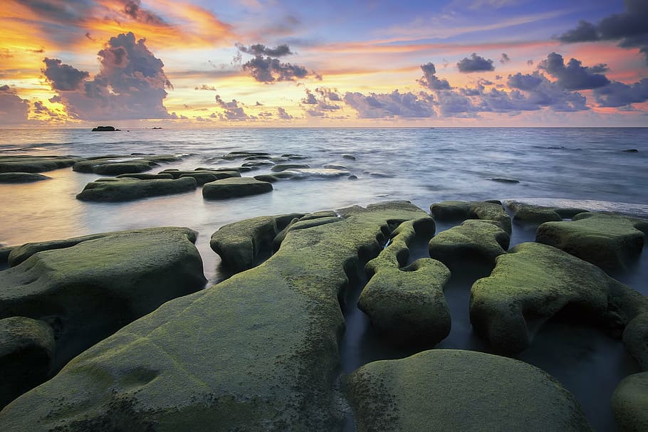 photography, gray, boulder, seashore, beach, beautiful, calm, clouds, moss, mossy rocks