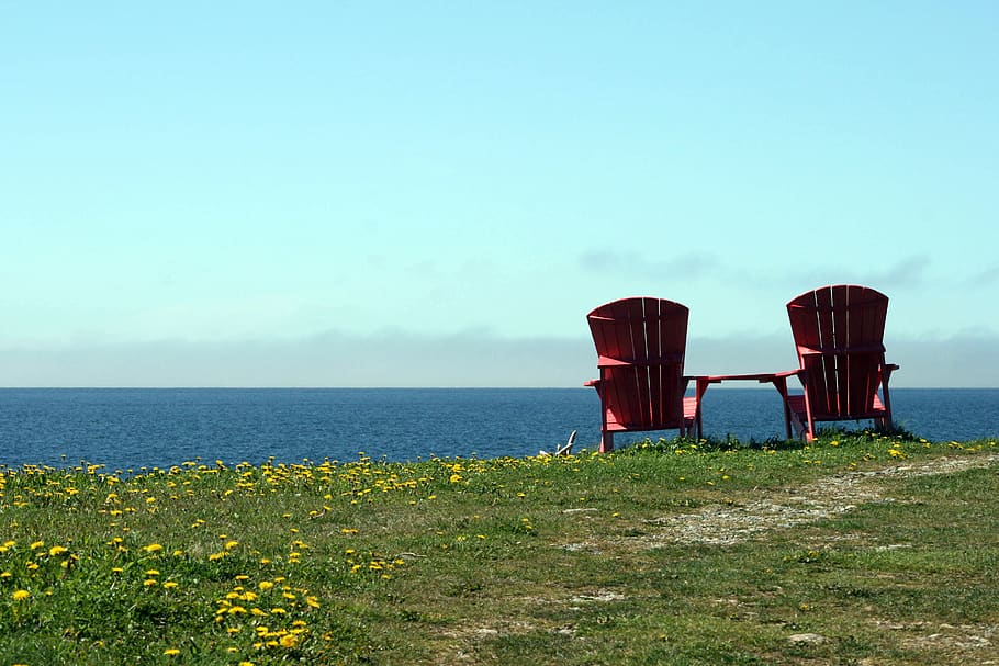 chairs, water, view, adirondack, ocean, sea, pair, wooden, grass, shore