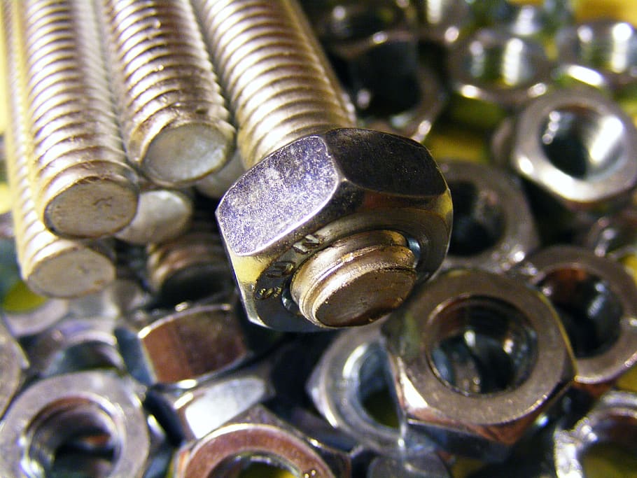 brass-colored bolt, nuts lot, bolt, nut, construction, industry, steel, threaded, engineering, tool