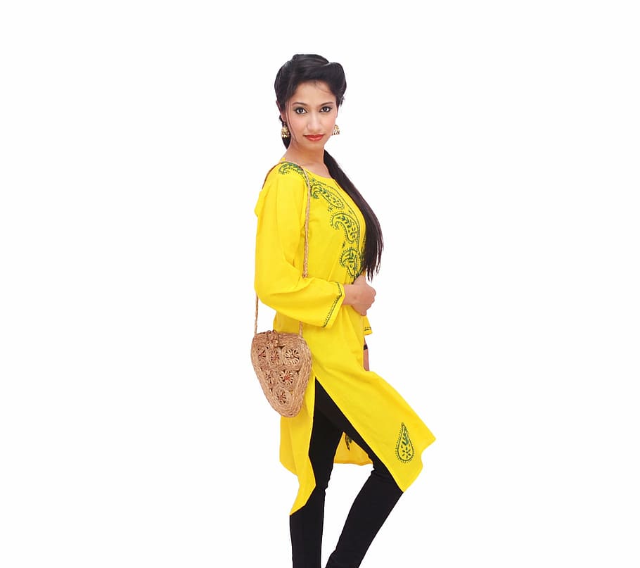 woman, wearing, yellow, black, long-sleeved, dress, leggings, fashion, girl, glamour