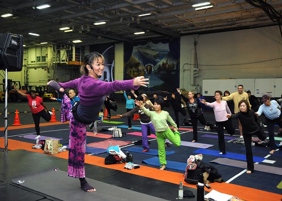 young woman, yoga classes, fitness, gym room, asana, instructor, hatha yoga, yokosuka, japan, professor