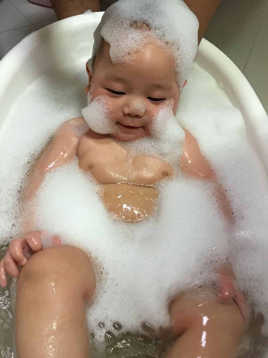 baby, lying, bathtub, covered, bubbles, bathe, foam, child, relax, washing