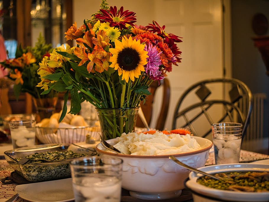 thanksgiving, dinner, table, turkey, holiday, traditional, seasonal, autumn, freshness, flower