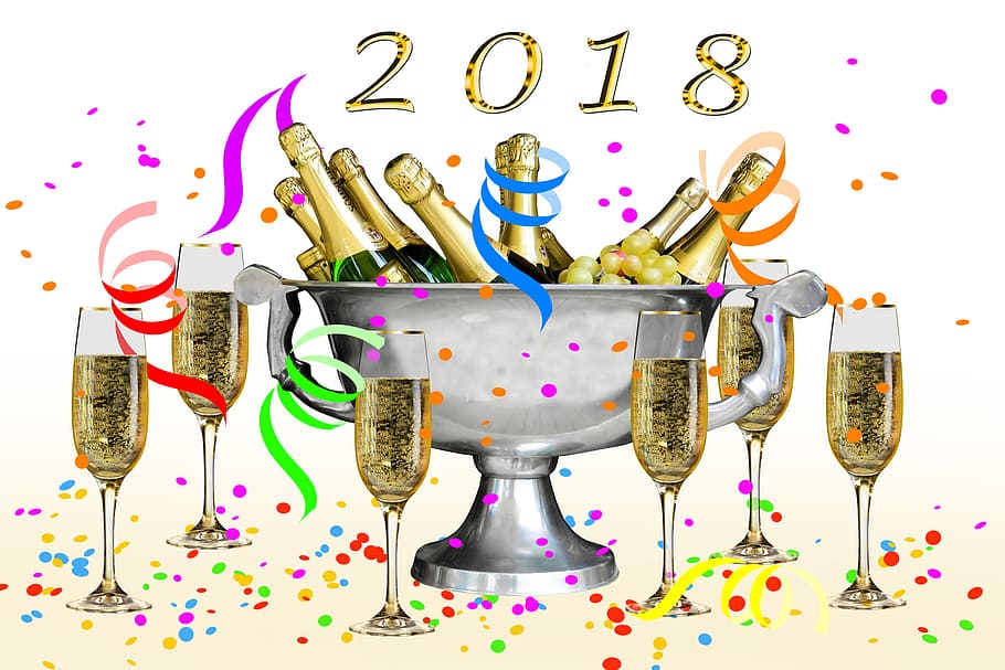 clear champagne glasses, emotions, new year's day, new year's eve, 2018, sylvester, fireworks, annual financial statements, turn of the year, new year's eve 2018