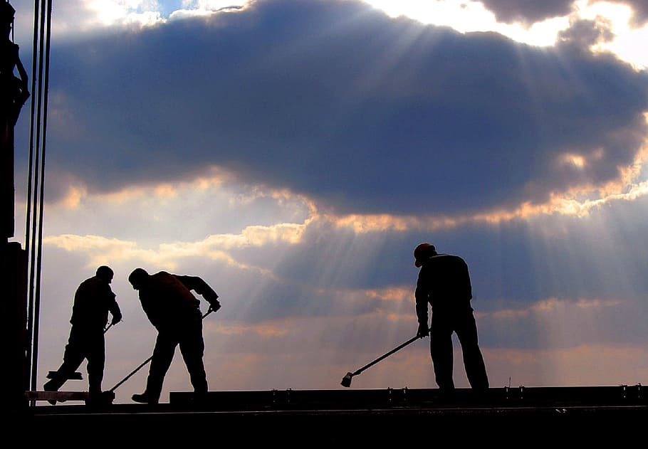 men, working, cloudy, sky, workers, brooms, mops, crepuscular rays, light, cloud