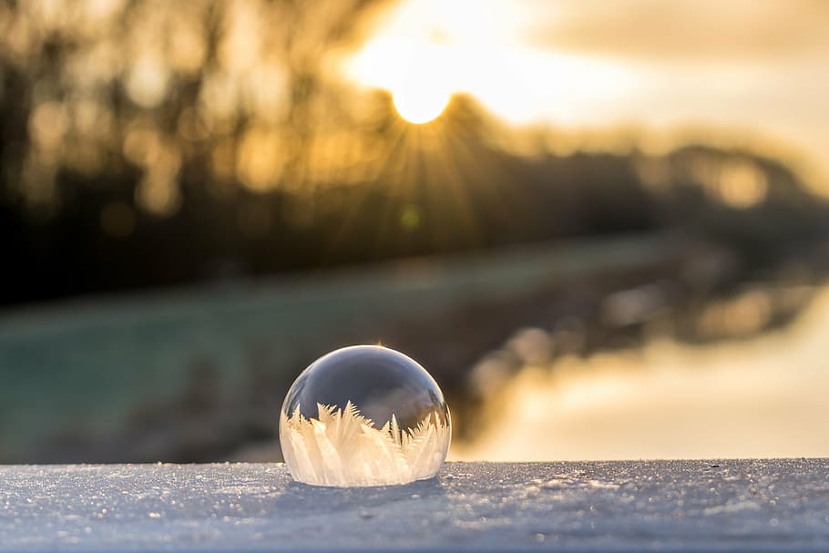 clear glass ball, soap bubble, frozen, winter, frozen bubble, wintry, cold, eiskristalle, ball, bubble
