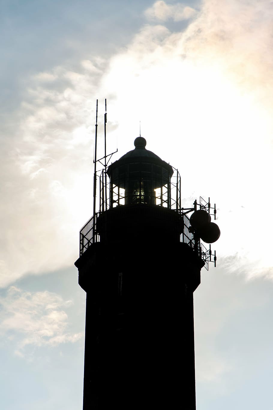 silhouette photo, tower, black, steel, white, cloudy, sky, structures, lighthouse, clouds