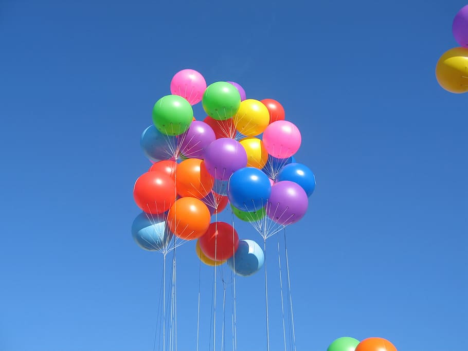 lote de globos, bola, bolsa de viento, color, festival, cielo, Globo, multicolor, azul, celebración