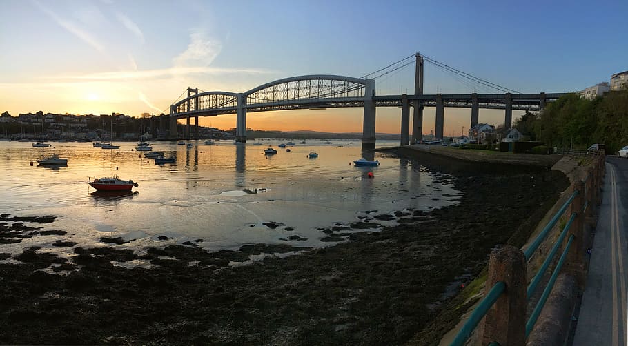 Plymouth, Tamar Bridge, Cornwall, bridge, uk, water, sunset, bridge - man made structure, transportation, connection