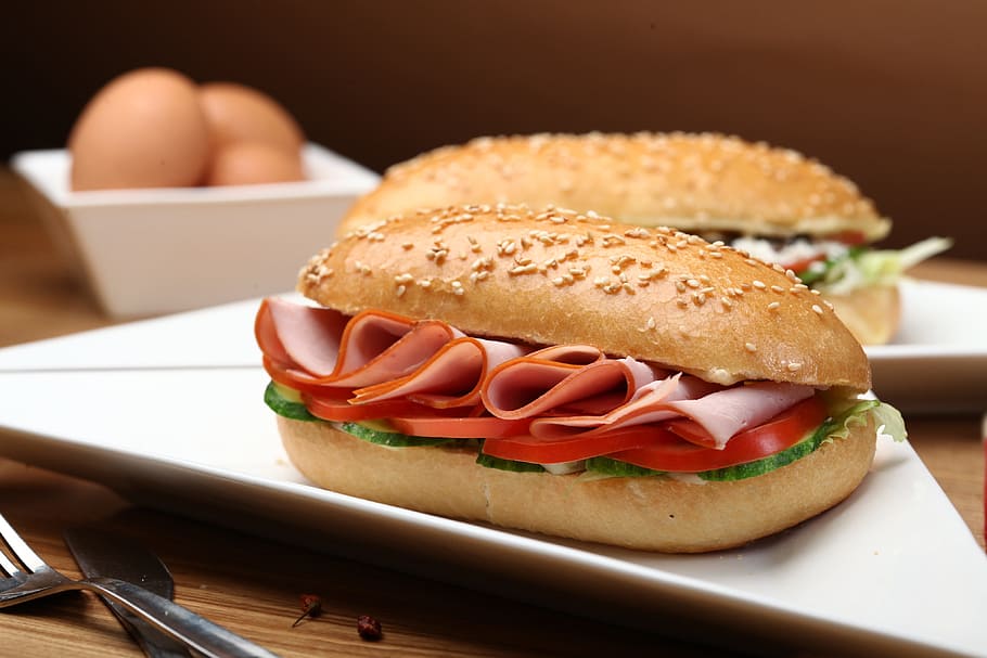 hamburger, white, ceramic, plate, Sandwich, Breakfast, Cheese, a sandwich, bread, snack
