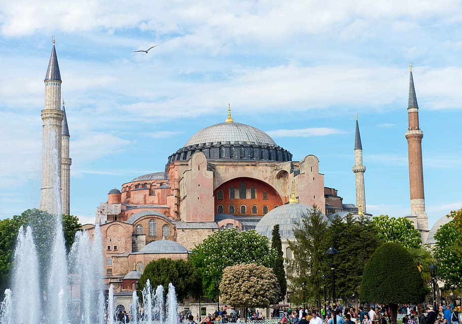orange, gray, mosque, blue, sky, istanbul, turkey, minaret, church, cathedral