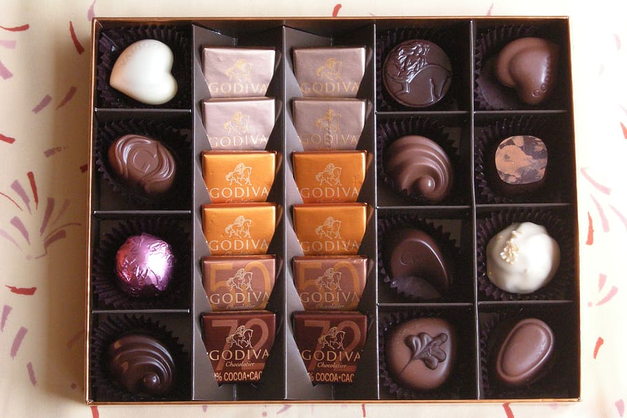 chocolates with box, chocolates, pralines, box, godiva, candy, sweet, gourmet, delicious, snack