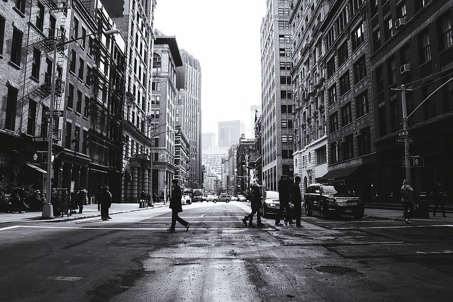 grayscale photography, people, crossing, road, architecture, building, infrastructure, sky, skyscraper, tower