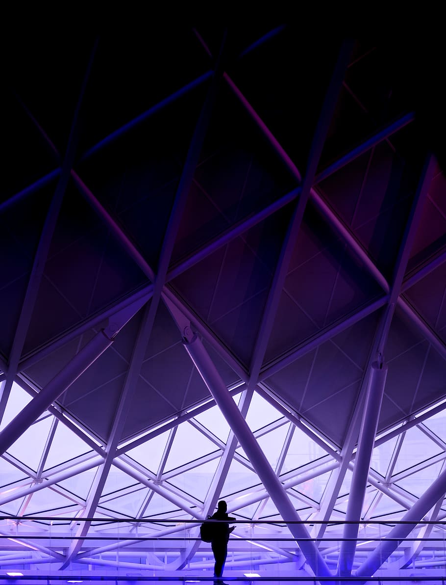 architecture, building, infrastructure, purple, light, people, travel, alone, silhouette, built structure