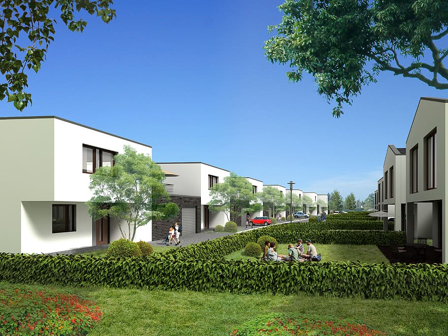 two, white, concrete, houses, blue, sky, semi-detached house, villa, rendering, visualization