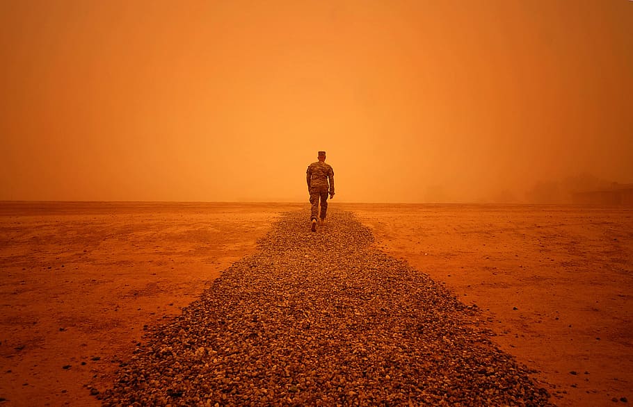 silhouette, person, walking, desert, iraq, sandstorm, weather, man, military, landscape