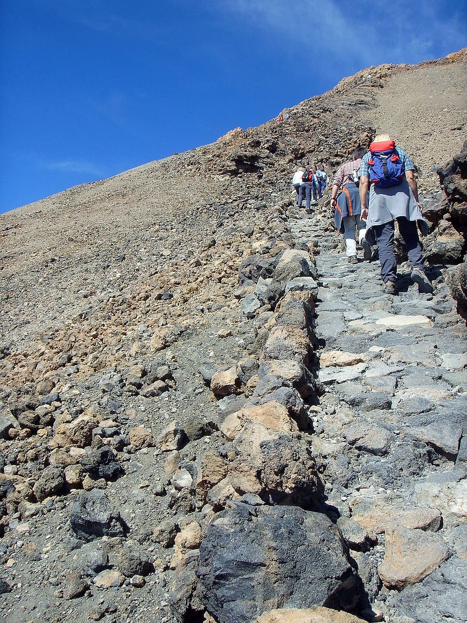 rise, summit, hike, steep, pico del teide, tenerife, path, volcano summit, steinig, group of people