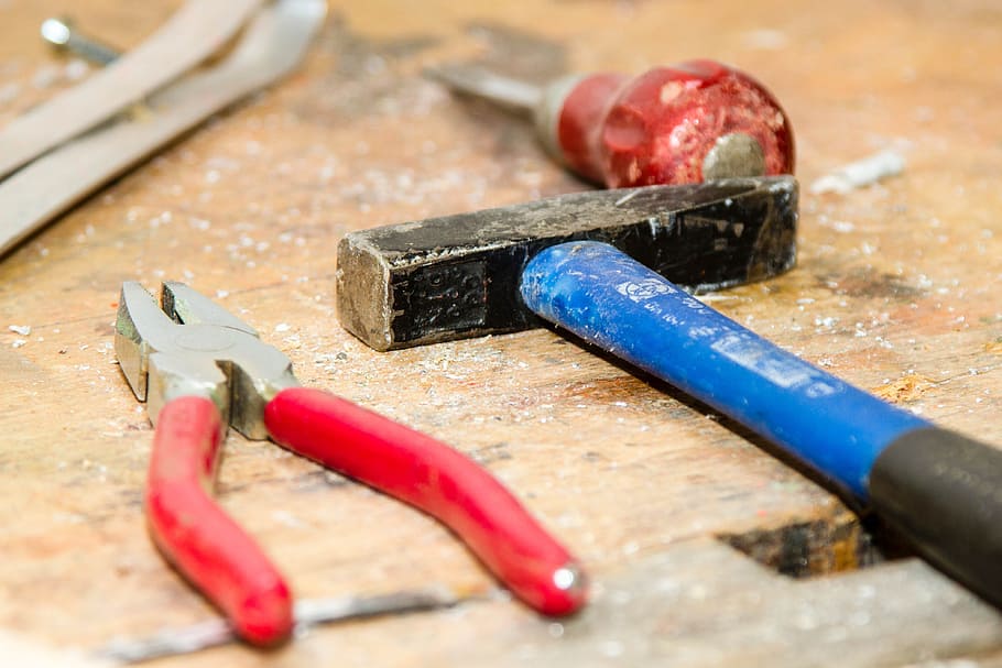 red handled pliers, tool, work bench, hammer, pliers, craftsmen, repair, work tool, red, wood - material