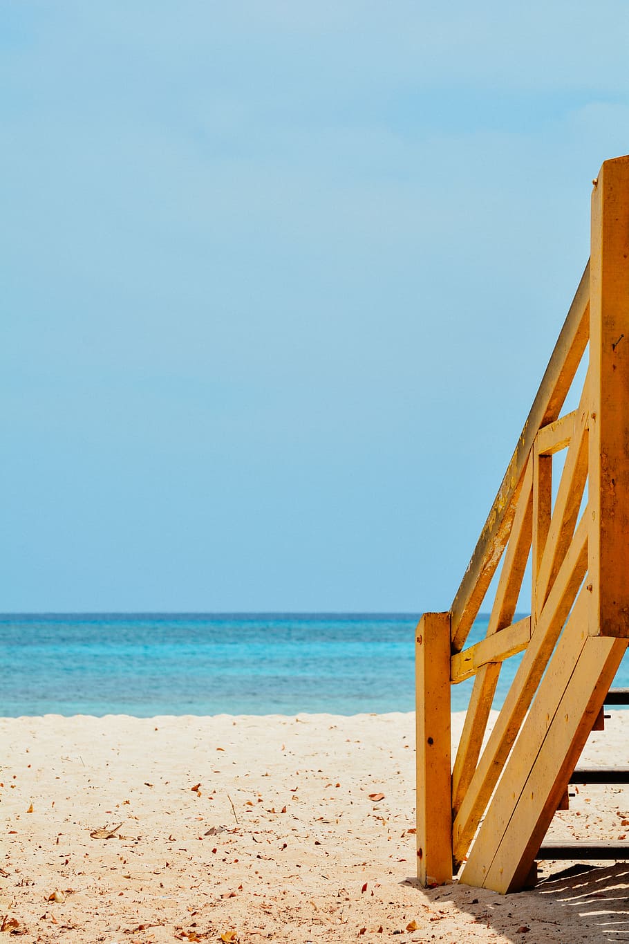 beach, blue, sky, sea, summer, wooden, stair, adventure, travel, vacation
