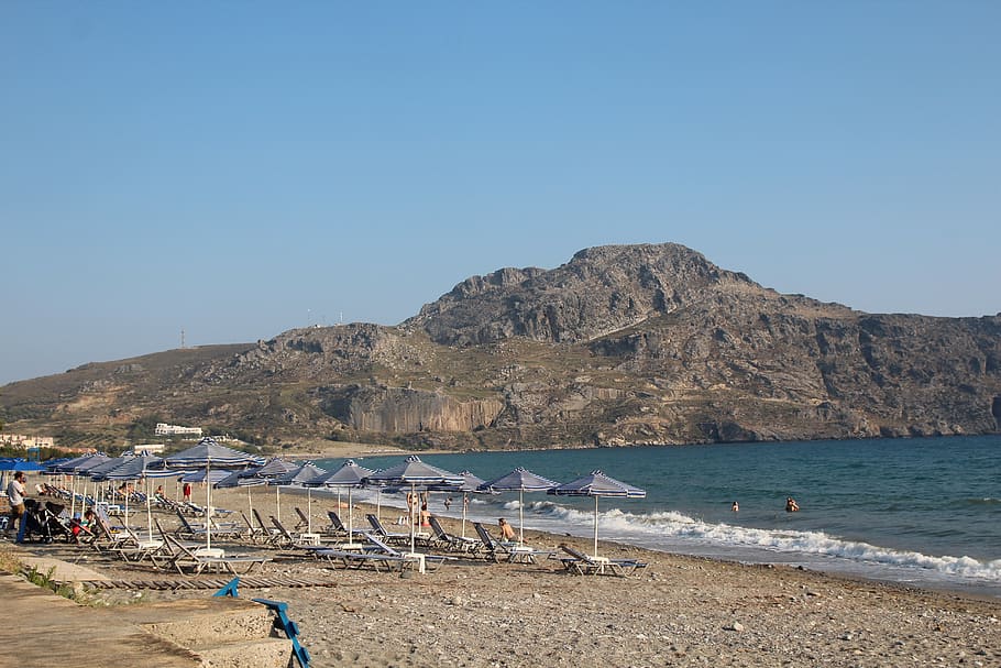beach, island of crete, greece, vacations, water, sea, plakias, sky, land, mountain