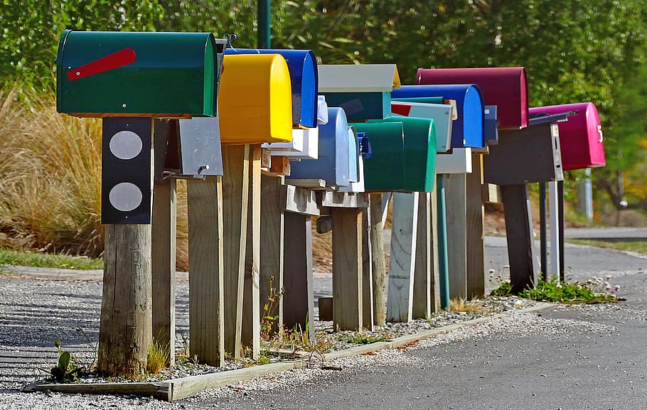 delight, row, assorted-color, mail, boxes, day, nature, green color, seat, land